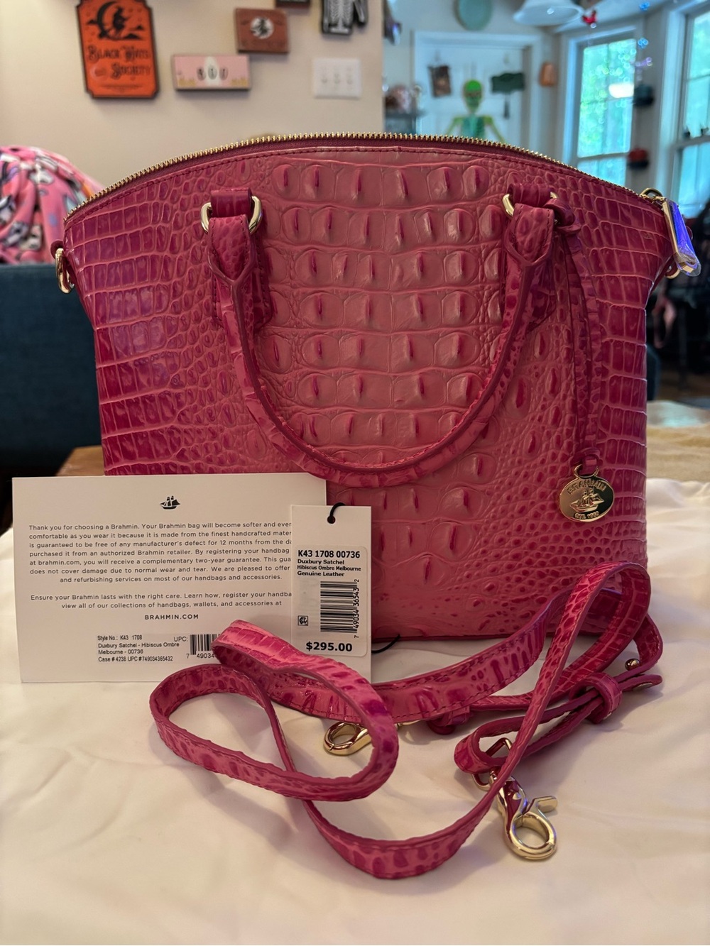Brahmin hibiscus /Pink Croc-Embossed Satchel with Removable Strap